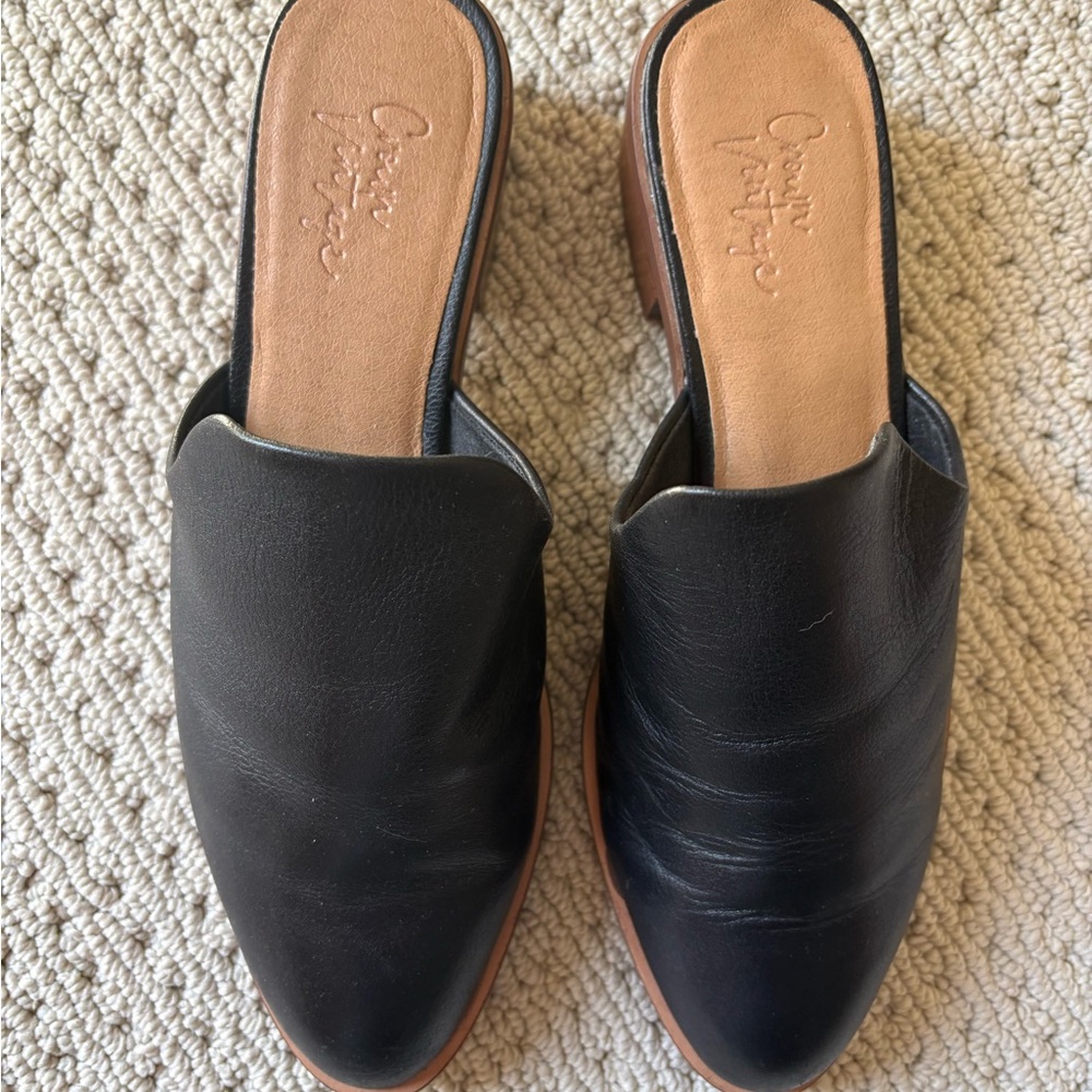 Crown Vintage Black Leather Slip-On Mules with Tan Insole